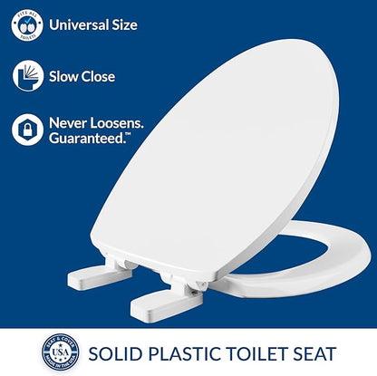 Mayfair Universal Size Slow Close Toilet Seat, Durable Plastic, Fits Round & Elongated Toilets, White