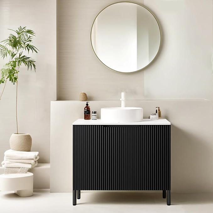 30" Bathroom Vanity with Single Sink, Modern Bathroom Storage Cabinet with White Round Ceramic Basin and Sintered Stone Countertop, 2 Soft Closing Doors, Freestanding Vanities, Black