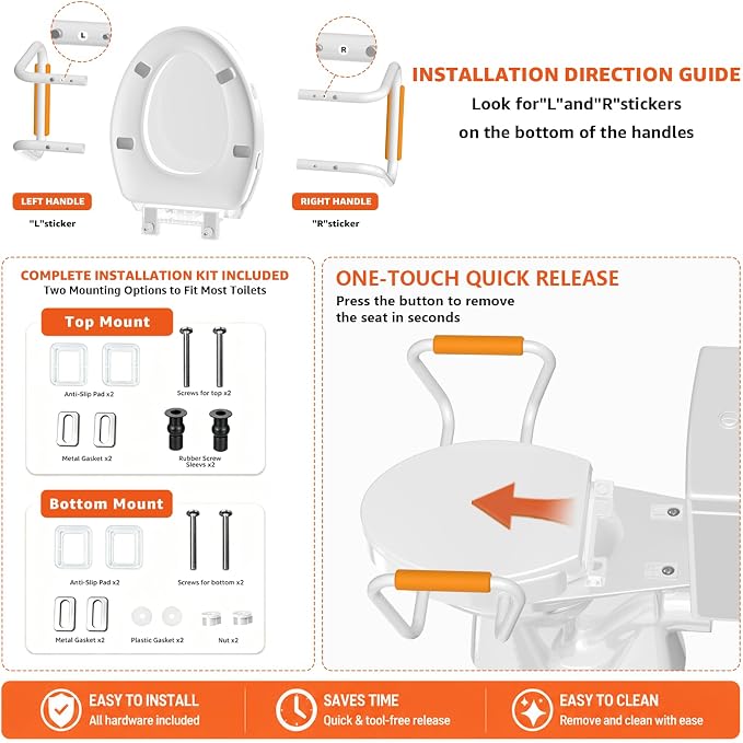 Huttdmel Elongated Bidet Toilet Seat with Handles, 2.8" Elevated Toilet Seat Riser, Soft Close, Quick Release, Non-Slip, No-Electric Wash, Adjustable Spray for Seniors, Elderly & Disabled,White
