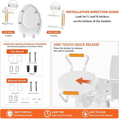 Huttdmel Elongated Bidet Toilet Seat with Handles, 2.8" Elevated Toilet Seat Riser, Soft Close, Quick Release, Non-Slip, No-Electric Wash, Adjustable Spray for Seniors, Elderly & Disabled,White