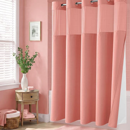 Coral Hook Free Waffle Shower Curtain & Snap-in Fabric Liner,72x81 | Less Time to install, 3 in 1 Fabric Shower Curtain and Liner Set with Magnets, Long, Shower Curtains for Bathroom