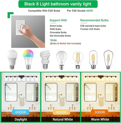 8 Light Bathroom Vanity Light, Black Bathroom Light Fixtures, 8-Light Vanity Lights for Huge Mirror, Matte Black 8 Light Wall Sconce with Milky White Frosted Glass Shades for Living Room Bath Makeup