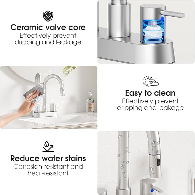 Stainless Steel Brushed Nickel Bathroom Faucet with Pull Out Sprayer, Dual-Function Spout Bathroom Sink Faucets, 4 Inch Two Handle Utility Sink Faucet with Sprayer 3 Hole, Pet Shower, RVs