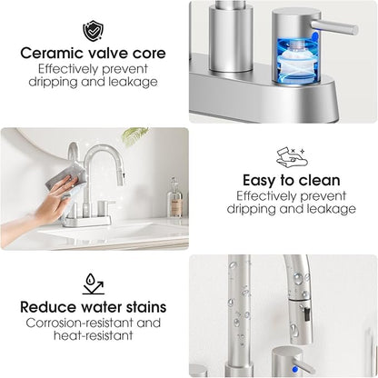 Stainless Steel Brushed Nickel Bathroom Faucet with Pull Out Sprayer, Dual-Function Spout Bathroom Sink Faucets, 4 Inch Two Handle Utility Sink Faucet with Sprayer 3 Hole, Pet Shower, RVs