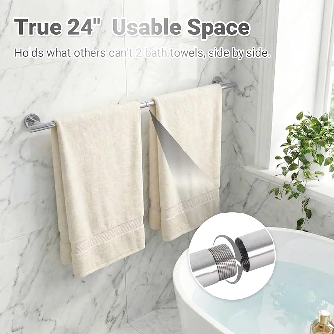 Brushed Nickel 5-Piece Bathroom Hardware Set,Bathroom Accessories Set | SUS304 Stainless Steel, 24 inch Towel Bar, Towel Racks for Bathroom, Toilet Paper Holder Wall Mounted, Robe Towel Hooks