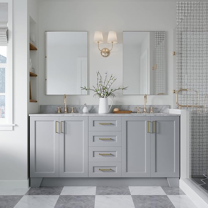 ARIEL Taylor 72-inch Bathroom Vanity with Sink,Solid Wood, 0.75-inch Italian Carrara Marble Countertop, Double Rectangular Porcelain Sink, 4 Soft Closing Doors, 6 Dovetail Drawers, Grey
