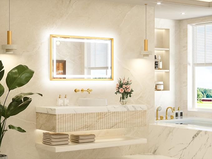 40 x 24 Led Mirror Brushed Gold Metal Frame Frontlit & Backlit Vanity Mirror Anti-Fog Stepless Dimmable 3 Colors White/Warm/Natural Wall Mirror with Lights Wall-Mounted