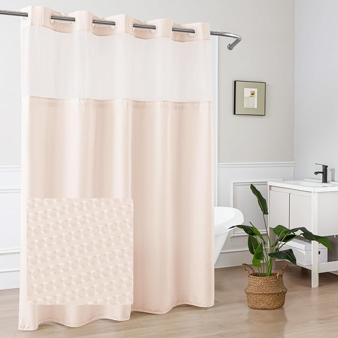 No Hook Shower Curtain with Snap-in Liner, Embossed Waffle Design Fabric Shower Curtain for Bathroom, Soft & Lightweight, 71x74, Pink