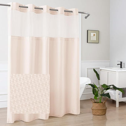 No Hook Shower Curtain with Snap-in Liner, Embossed Waffle Design Fabric Shower Curtain for Bathroom, Soft & Lightweight, 71x74, Pink