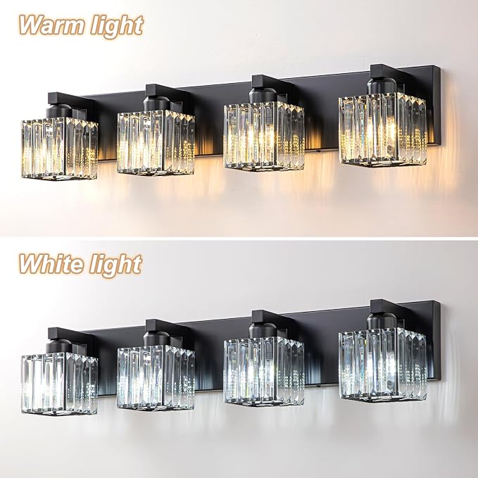 Black Bathroom Light Fixtures, 4-Light Modern Bathroom Vanity Lights Over Mirror, Wall Light Fixtures with Square Shade