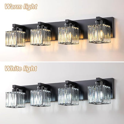 Black Bathroom Light Fixtures, 4-Light Modern Bathroom Vanity Lights Over Mirror, Wall Light Fixtures with Square Shade