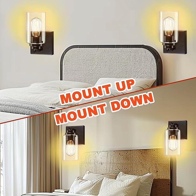 Wall Sconces Set of Two, Wall Mounted Bedside Lamps with Rotary Switch, Matte Black Sconces Wall Lighting, Bathroom Light Fixtures with Clear Glass Shade, Wall Lights for Bedroom Living Room