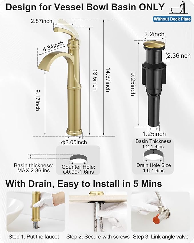 Tall Vessel Sink Faucet, Brass Waterfall Bathroom Sink Faucet Single Handle, Gold Bathroom Faucet 1 Hole, Tall Bathroom Faucets with Pop-Up Drain Water Supply Hoses