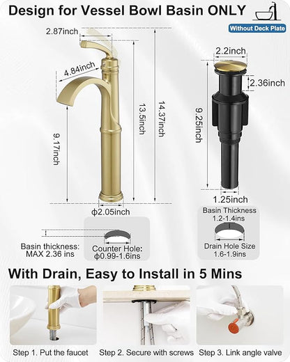 Tall Vessel Sink Faucet, Brass Waterfall Bathroom Sink Faucet Single Handle, Gold Bathroom Faucet 1 Hole, Tall Bathroom Faucets with Pop-Up Drain Water Supply Hoses
