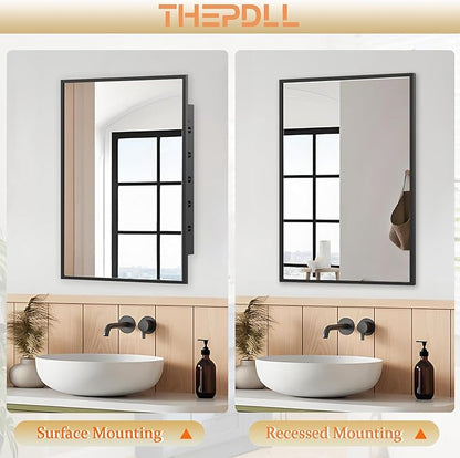 Recessed Medicine Cabinet with Mirror 16x24 inch, Mirrored Medicine Cabinets for Bathroom, Black Bathroom Mirror with Storage, Metal Medicine Cabinet with Mirror, 2 Adjustable Metal Shelves