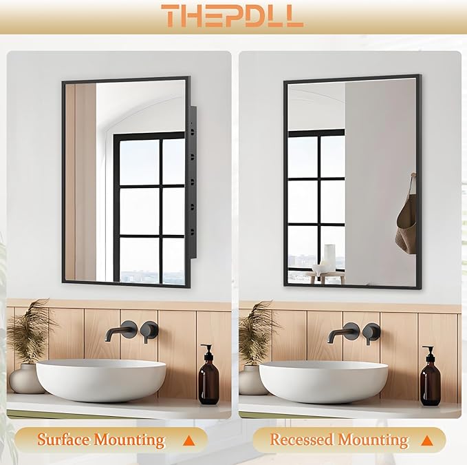 Recessed Medicine Cabinet with Mirror 20x26 inch, Mirrored Medicine Cabinets for Bathroom, Black Bathroom Mirror with Storage, Metal Medicine Cabinet with Mirror, 2 Adjustable Metal Shelves