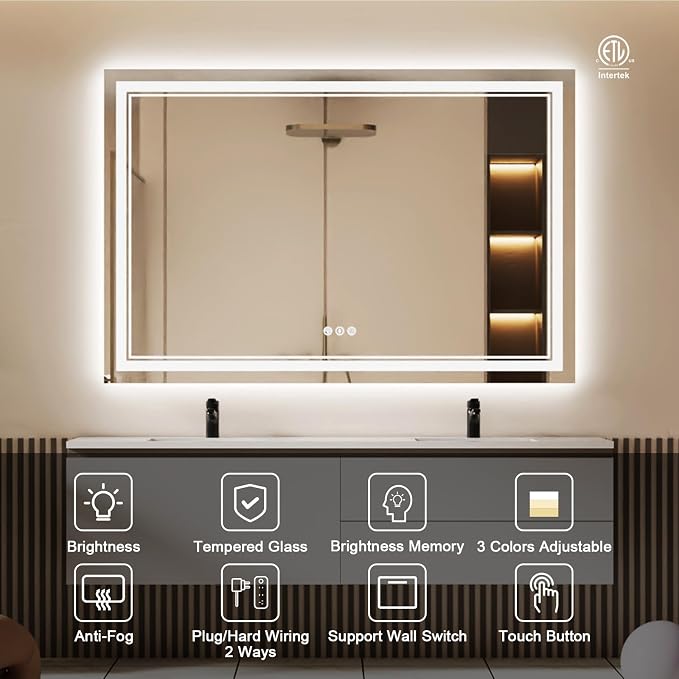 60x40 Inch LED Bathroom Mirror with Lights | Front and Backlit, 3 Colors, Dimmable, Memory, Anti Fog, Shatterproof, Horizontal/Vertical, Lighted Mirrors for Bathroom Wall
