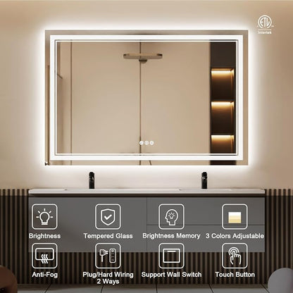 60x40 Inch LED Bathroom Mirror with Lights | Front and Backlit, 3 Colors, Dimmable, Memory, Anti Fog, Shatterproof, Horizontal/Vertical, Lighted Mirrors for Bathroom Wall