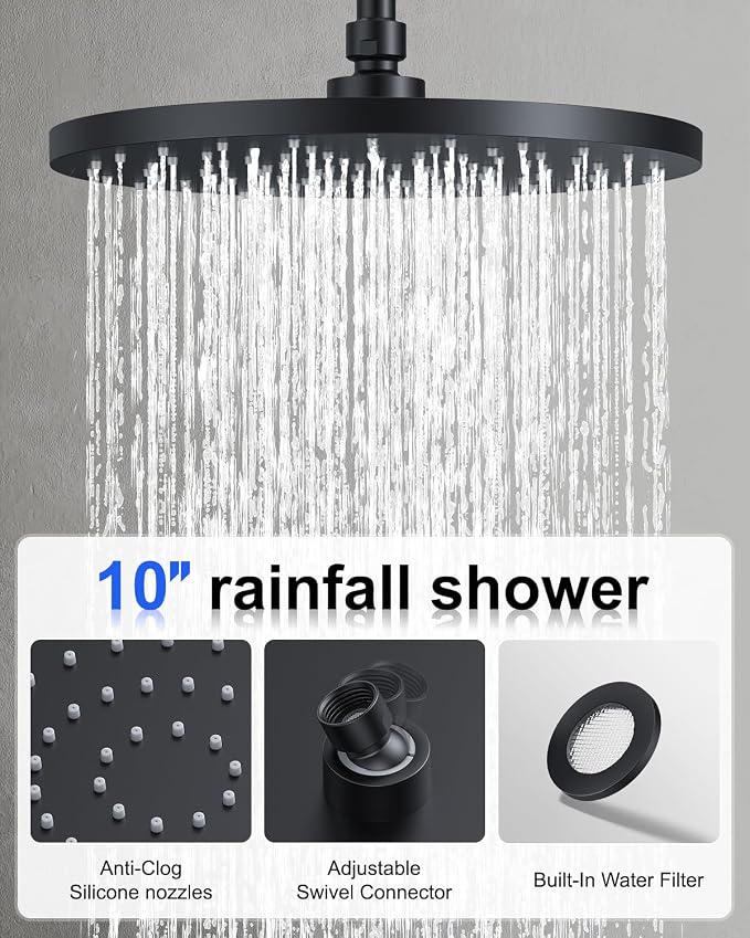 Iriber Matte Black Shower head with Handheld,8"+10" Rain Shower Faucet Set | 10 Inch Ceiling +8 Inch Wall Mount Dual Shower Heads,Push Button Diverter,3 Setting Handheld,Pressure Balance Valve Cartridge