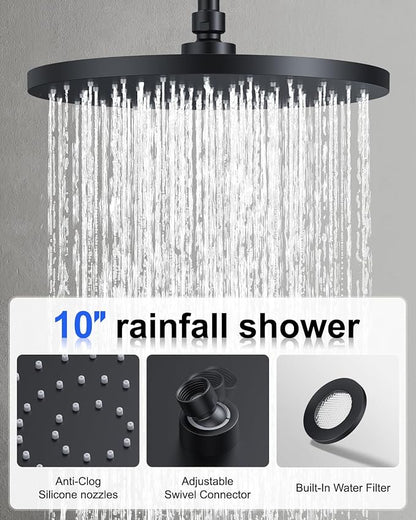 Iriber Matte Black Shower head with Handheld,8"+10" Rain Shower Faucet Set | 10 Inch Ceiling +8 Inch Wall Mount Dual Shower Heads,Push Button Diverter,3 Setting Handheld,Pressure Balance Valve Cartridge