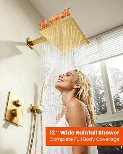 gotonovo Tub Shower Faucet Set with Valve 12'' Rain Head,Brushed Gold | Waterfall Tub Spout Shower System,Bathtub Faucet Set,SUS304 Rain Head with Handheld,Brass Valve Trim Kit,All Metal,Wall Mount
