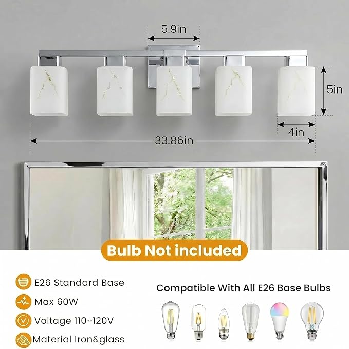5-Light Square Bathroom Light Fixture, Chrome Modern Vanity Light with White Marble Glass Shade, for Bathroom Mirror, Living Room, Bedroom, Hallway, E26 Base