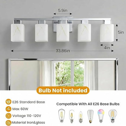 5-Light Square Bathroom Light Fixture, Chrome Modern Vanity Light with White Marble Glass Shade, for Bathroom Mirror, Living Room, Bedroom, Hallway, E26 Base