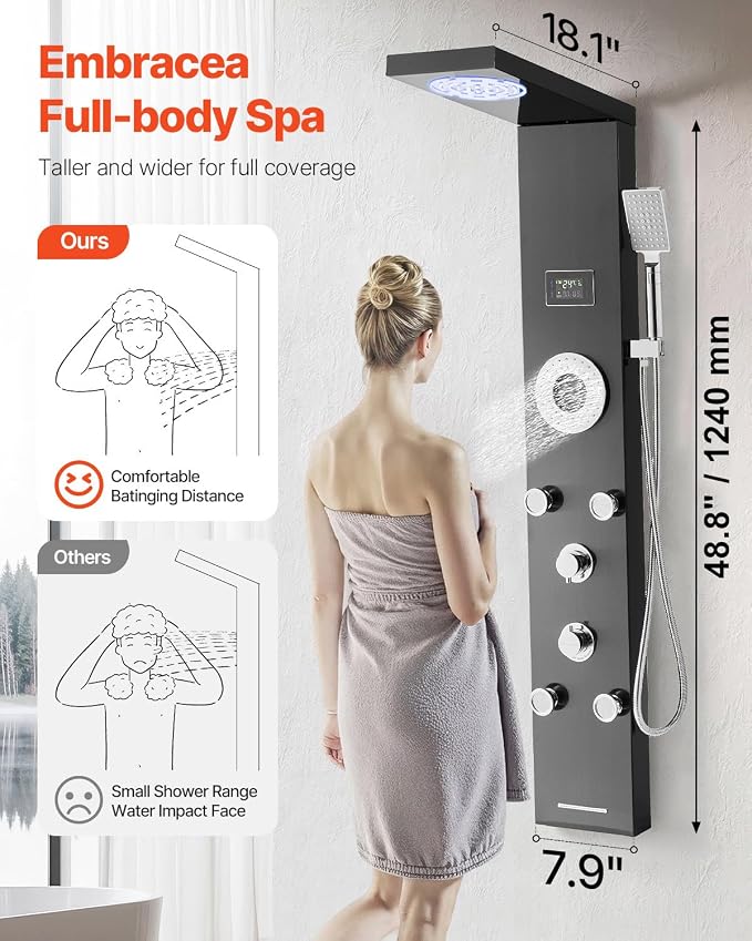 VEVOR Shower Panel Tower System with Rainfall Shower Head, LED, 53 in Brushed Stainless Steel Shower Column, 6-Function Faucet, Wall-Mount Rain Massage System with 5 Body Jets, Handheld, Tub Spout