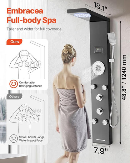VEVOR Shower Panel Tower System with Rainfall Shower Head, LED, 53 in Brushed Stainless Steel Shower Column, 6-Function Faucet, Wall-Mount Rain Massage System with 5 Body Jets, Handheld, Tub Spout