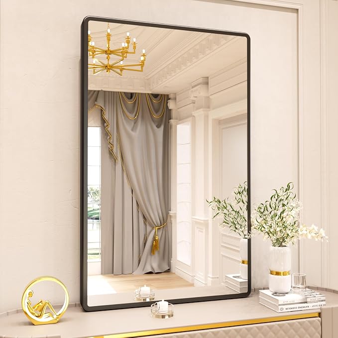 pertetey 28 x 36 in Rounded Rectangle Bathroom Mirror | Black Metal Frame, Tempered Glass, Wall Mounted