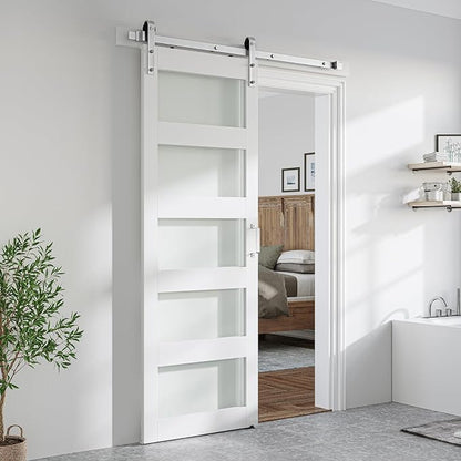 SMARTSTANDARD 32 x 84 in Glass Barn Door with 6FT Silver Sliding Hardware | Brushed Nickel Sliding Hardware Kit & Handle, Pre-Drilled Ready to Assemble, Waterproof PVC Coating, White, 5-Panel Glass