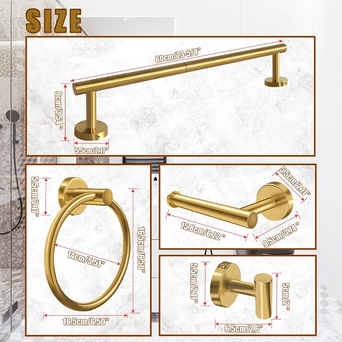 5PCS Brushed Gold Bathroom Accessories Set, Bathroom Hardware Set | Splicing 24 Inch Stainless Steel Bath Towel Bar Set, Gold Bathroom Accessories Wall Mounted