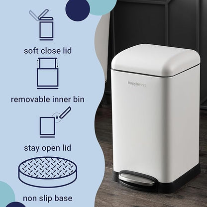 happimess Betty Retro Mini 3.2 Gal Step Trash Can, Cotton White | Soft-Close Lid, Fingerprint Proof, Removable Liner, Stainless Steel, Hands-Free Pedal