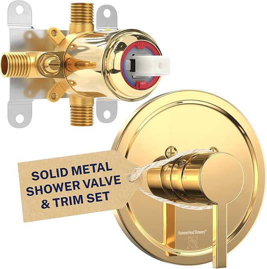 HammerHead Showers Solid Metal Single-Handle Trim Kit with Rough-In Shower Valve, Volume and Temperature Control, Pressure Balance, Polished Brass