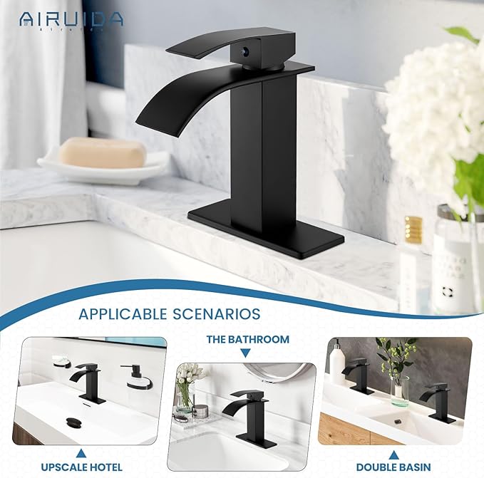 Airuida Matte Black Waterfall Bathroom Faucet, Single Handle Single Hole Bathroom Sink Faucet Deck Mount Mixer Tap with Deck Plate, Rv Lavatory Vanity Washbasin Faucet