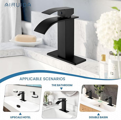 Airuida Matte Black Waterfall Bathroom Faucet, Single Handle Single Hole Bathroom Sink Faucet Deck Mount Mixer Tap with Deck Plate, Rv Lavatory Vanity Washbasin Faucet