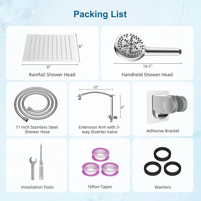Hibbent All Metal 8" High Pressure Rain Shower Head Combo, Chrome | cUPC Certified Rainfall Shower Head with handheld 10 Sprays, 16'' Adjustable Extension Arm, 71'' Hose, Showerhead Holder