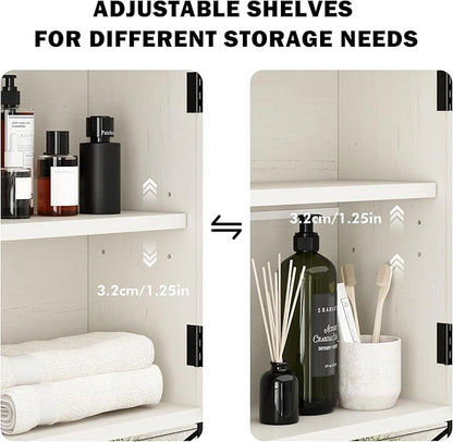 RUSTOWN Rattan Bathroom Wall Cabinet, Boho Over The Toilet Storage Cabinet with Arched Rattan Doors, Modern Medicine Cabinet with Adjustable Shelves & Towel Bar(Vintage White,Small)
