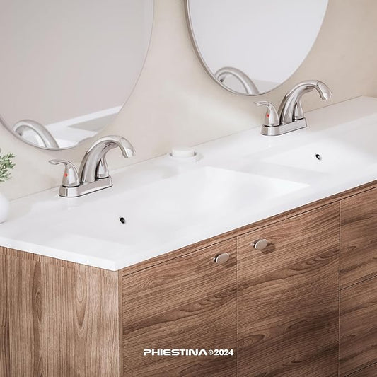 Phiestina Chrome 4 Inch 2 Handle Centerset 2 or 3 Holes Bathroom Faucet 2 Pack, Vanity Sink Faucet with Copper Pop Up Drain and Water Supply Lines, BF008-5-C-2PACK