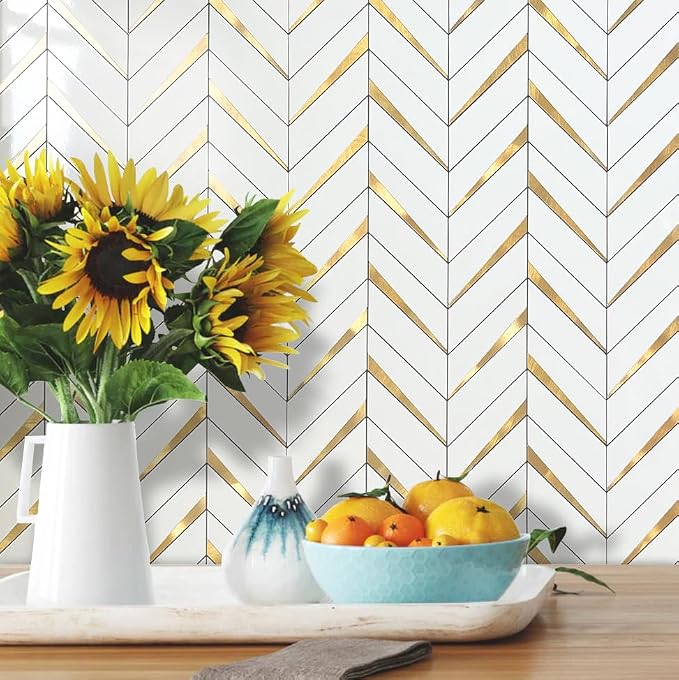 DICOFUN 10-Sheet Herringbone Tile Peel and Stick Backsplash, Polished White PVC Mixed Metal Gold Stick on Backsplash for Kitchen and Bathroom Wall