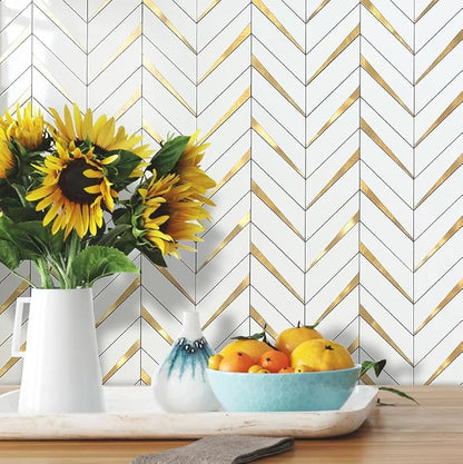 DICOFUN 10-Sheet Herringbone Tile Peel and Stick Backsplash, Polished White PVC Mixed Metal Gold Stick on Backsplash for Kitchen and Bathroom Wall