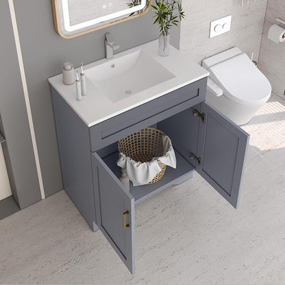Bathroom 30" Vanity with Ceramic Sink, Wooden Double Door Bathroom Storage Cabinet, Freestanding Cabinet Vanity with Sink (Paint, Grey,30")