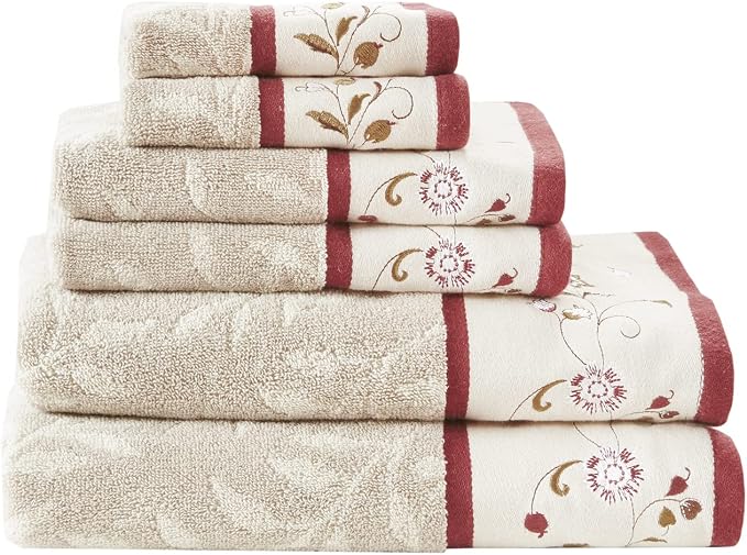 Madison Park Serene 100% Cotton Bath Towel Set Luxurious Floral Decorative Towels for Bathroom Embroidered Cotton Jacquard Design Soft Highly Absorbent for Shower 600 GSM, Multi-Sizes, Red 6 Piece | Luxurious Floral Decorative Towels for Bathroom, Embr...