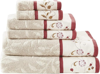 Madison Park Serene 100% Cotton Bath Towel Set Luxurious Floral Decorative Towels for Bathroom Embroidered Cotton Jacquard Design Soft Highly Absorbent for Shower 600 GSM, Multi-Sizes, Red 6 Piece | Luxurious Floral Decorative Towels for Bathroom, Embr...
