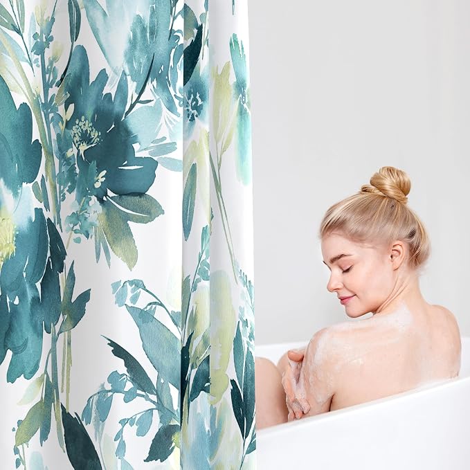 Small Stall Shower Curtain 36x72 Inch Half Narrow Watercolor Floral Decor | Teal Yellow Modern Abstract Flower Dorm Bathroom Shower Curtain Set with Hooks