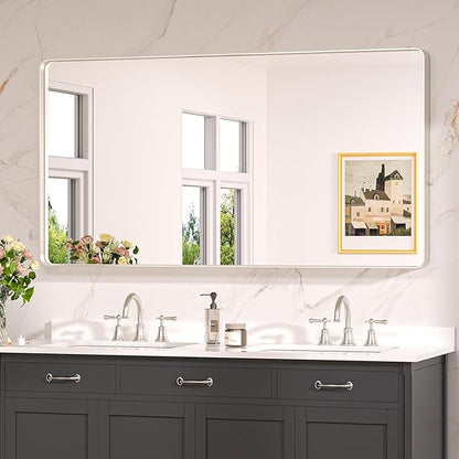 Keonjinn 55 x 30 Brushed Nickel Bathroom Vanity Mirror, Large Rounded Rectangle Bathroom Mirrors for over Sink, Metal Framed Silver Mirror for Wall, Shatterproof HD Tempered Glass(Horizontal/Vertical)
