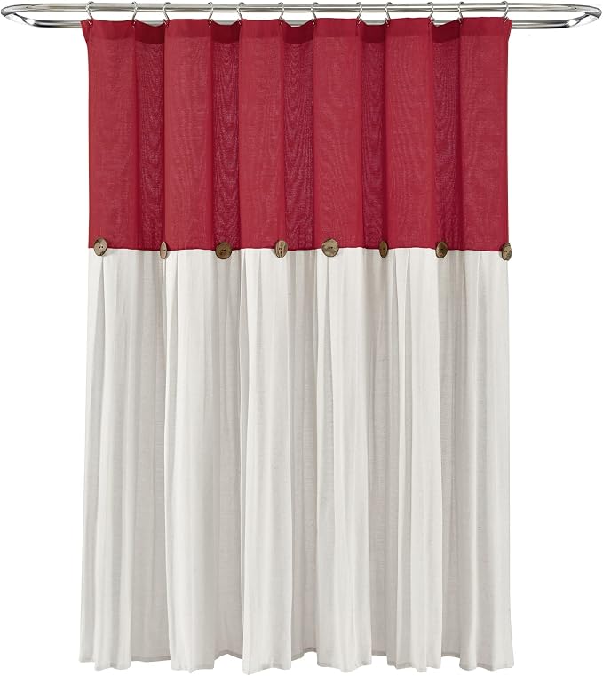 Lush Decor Linen Button Shower Curtain, 72" W x 72" L, Red & Off White - Red Bathroom Curtain - Fabric Shower Curtains - Farmhouse Bathroom Decor