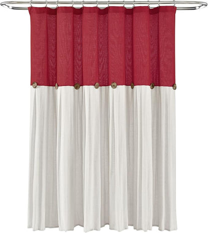 Lush Decor Linen Button Shower Curtain, 72" W x 72" L, Red & Off White - Red Bathroom Curtain - Fabric Shower Curtains - Farmhouse Bathroom Decor