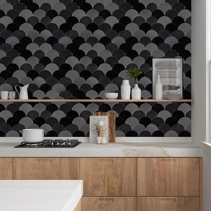 Fish Scale Black Peel and Stick Backsplash Tile, Fan Mosaic Self Adhesive Wall Tiles for Kitchen Bathroom-12 Sheet