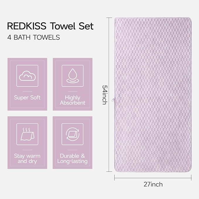 REDKISS 4 Pack Purple Microfiber Bath Towels - Large Shower Towels Set for Bathroom, Super Absorbent Towel Set of 4 Lagre, Quick Dry Bathroom Towel for Spa, Gym,Travel, Lint Free, Ultra Soft